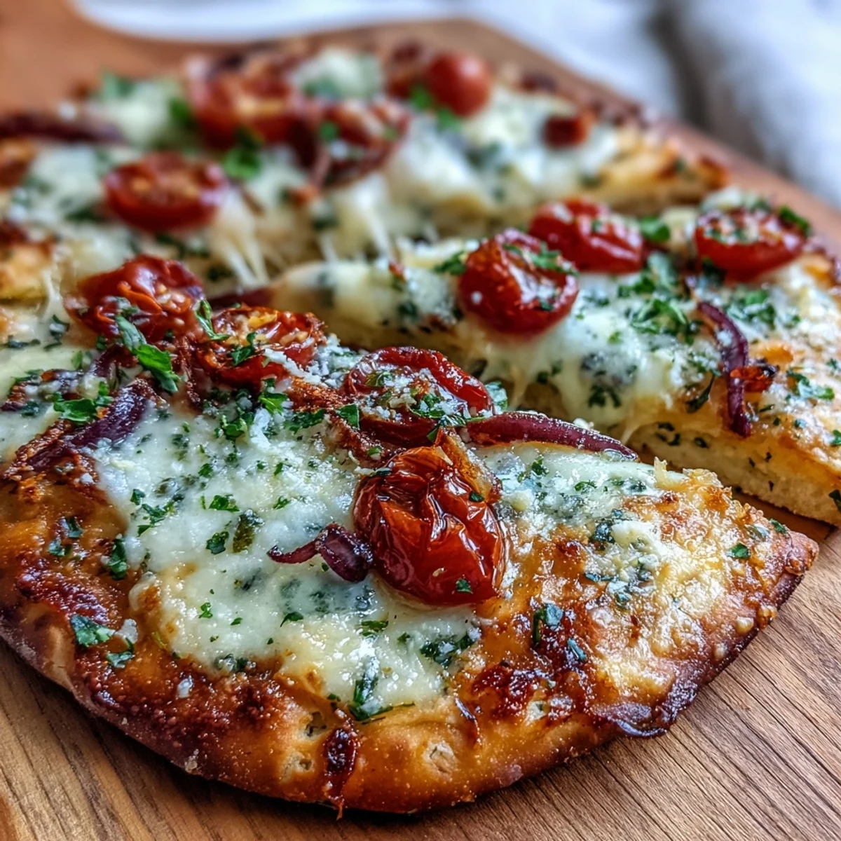 A close-up view of Crispy Garlic Parmesan Naan Pizza featuring bubbling cheese and bright red tomatoes, ready to be sliced for dinner.