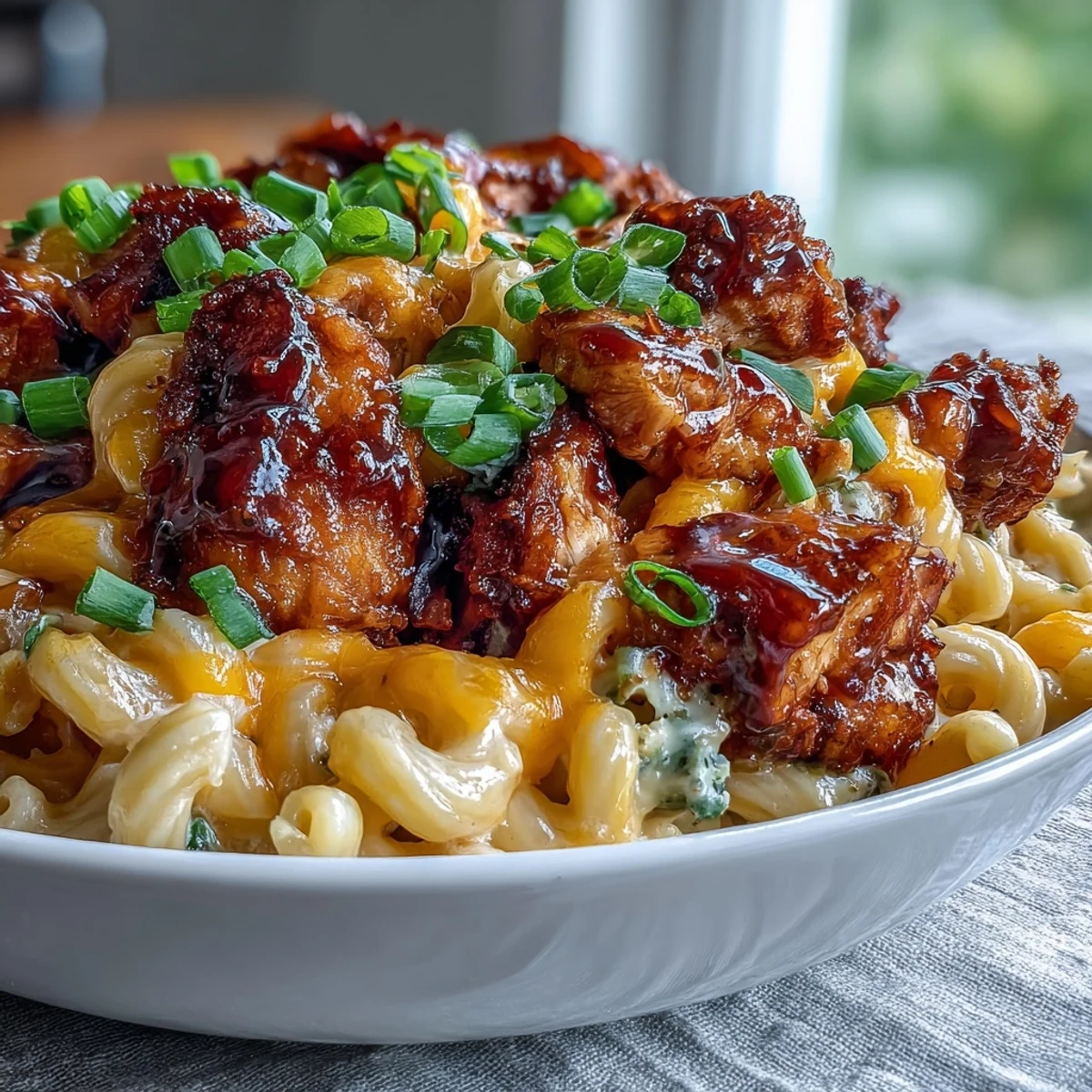 Golden-brown chicken pieces coated in a sticky honey BBQ glaze simmer in a deep skillet before being mixed with creamy cheddar macaroni.