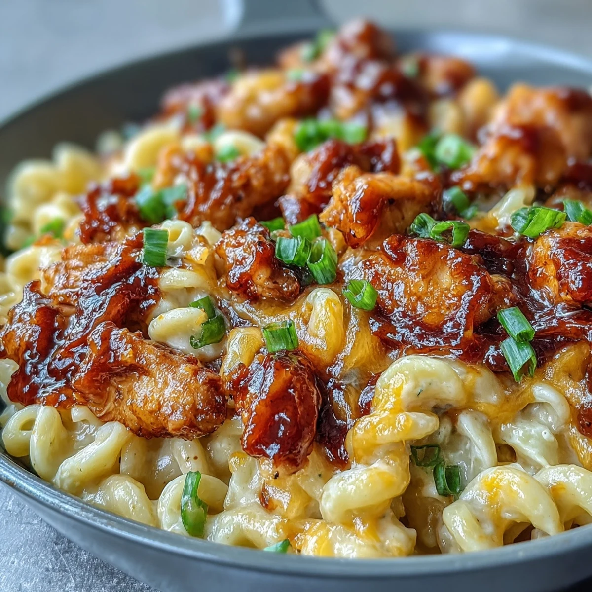 A close-up serving of Sticky Honey BBQ Chicken Pasta Skillet shows melted cheese pulling from the noodles as green onions garnish the top.