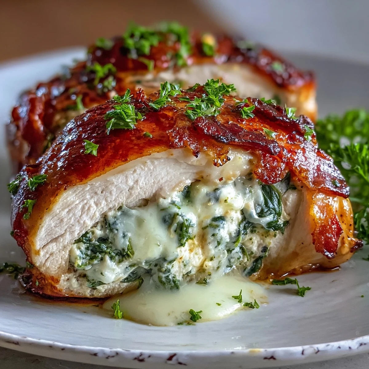 Golden-brown chicken breasts stuffed with spinach and bacon, drizzled with melted garlic butter and fresh parsley.