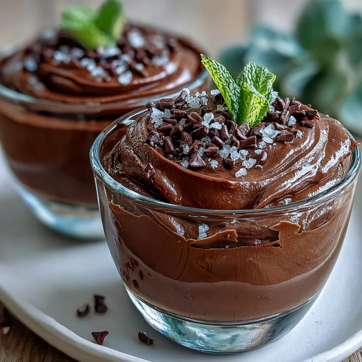 Four small glass cups hold a rich, dark chocolate avocado mousse, topped with a crunchy cacao nib and almond mixture sprinkled with flaky sea salt.