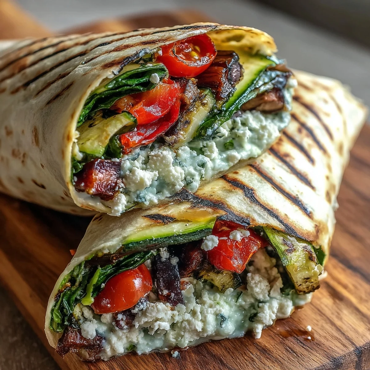 Golden-brown Mediterranean Grilled Vegetable Wraps filled with smoky charred zucchini, bell peppers, and creamy hummus.