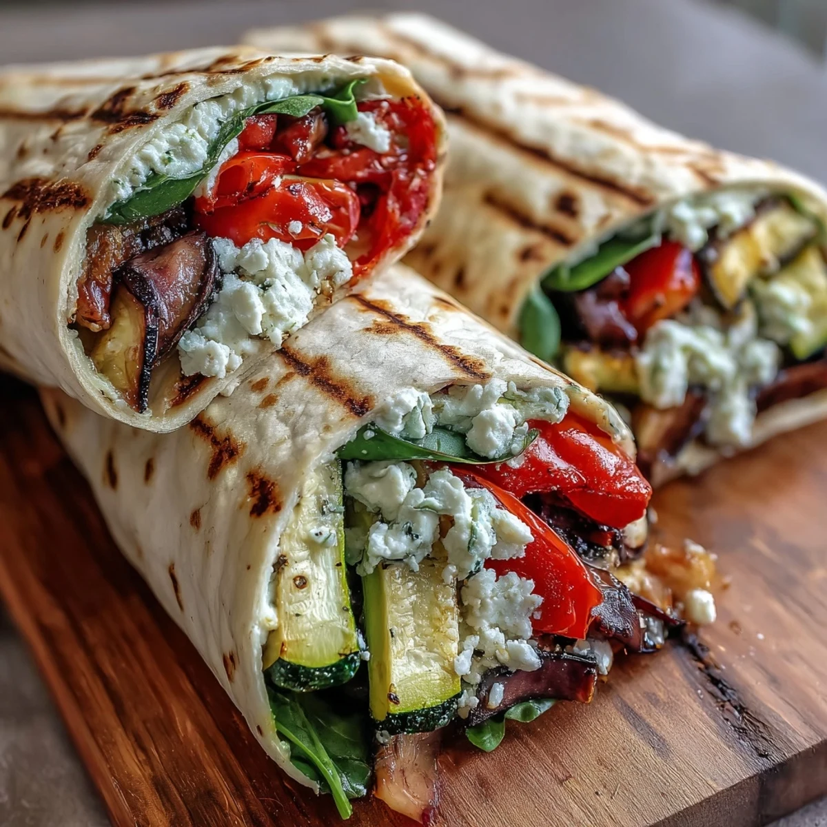 Mediterranean Grilled Vegetable Wraps stacked on a platter with fresh parsley, cherry tomatoes, and a side of hummus.