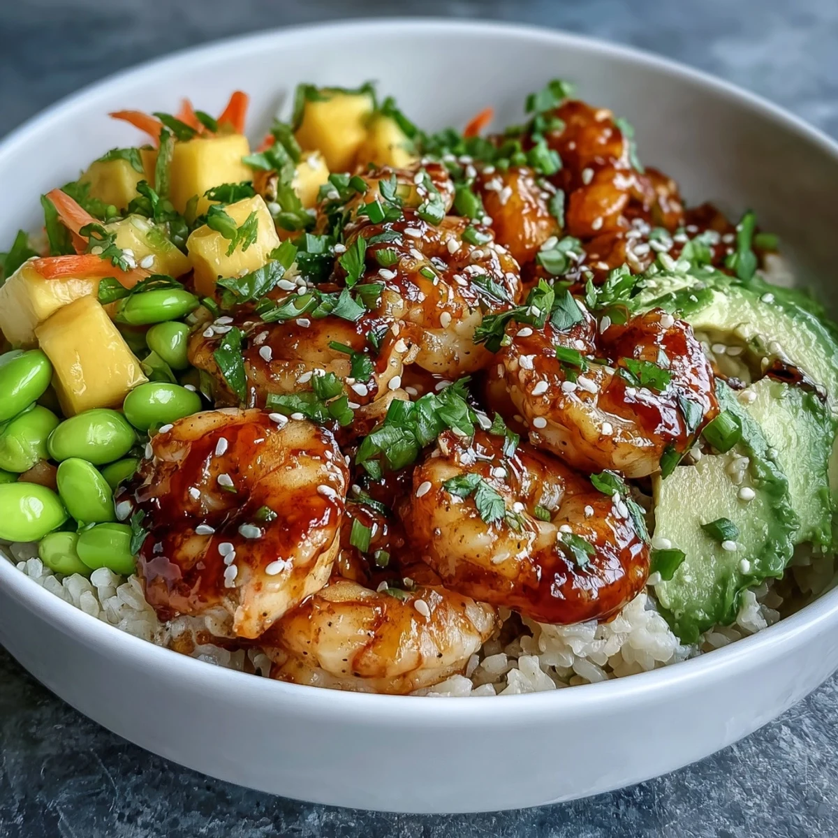 A vibrant 20-Minute Shrimp Poke Bowl with Mango and Edamame with edamame, cucumber, and carrots drizzled in sesame soy sauce.