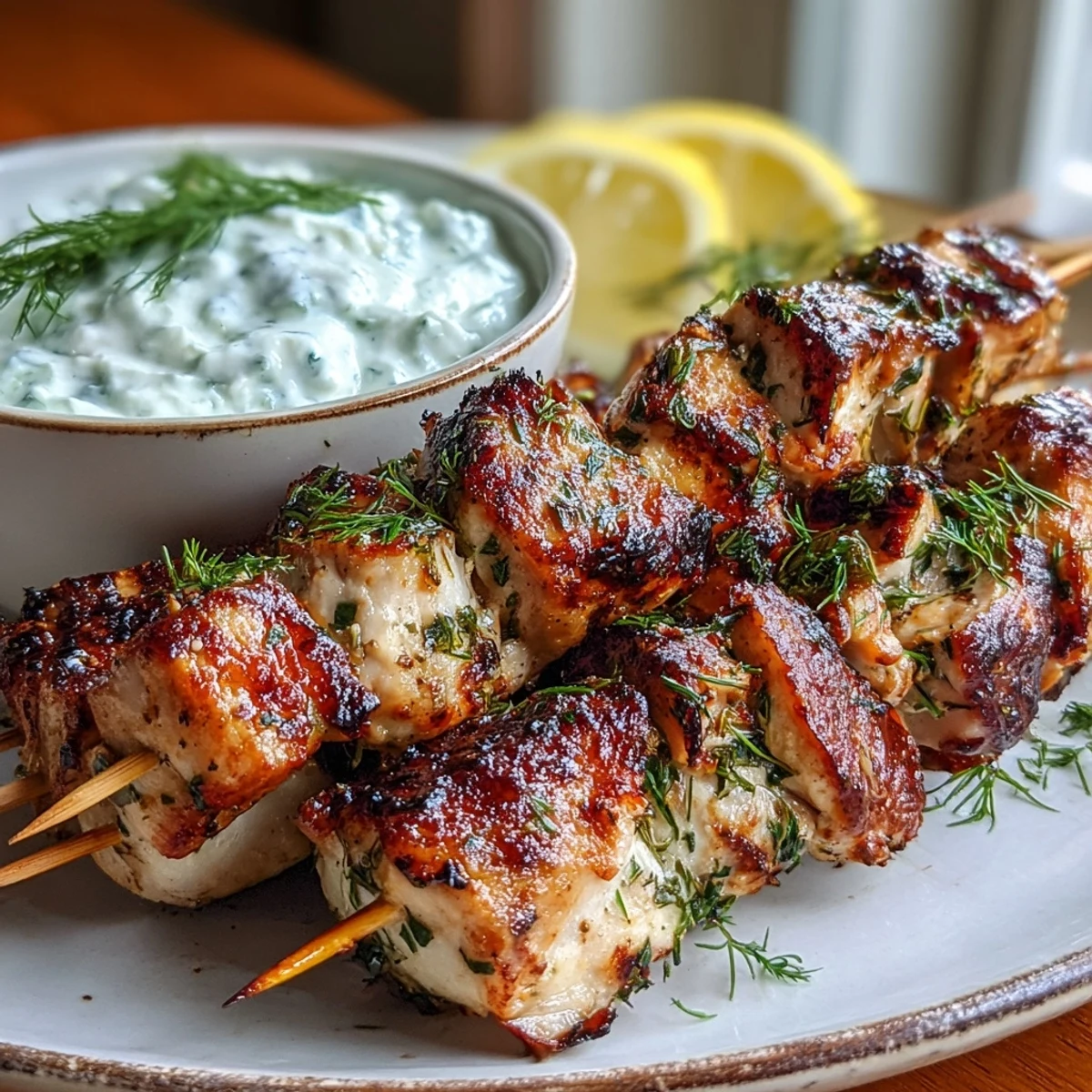 Grilled Light Lemon Herb Chicken Skewers with Tzatziki served with fresh lemon wedges on a rustic plate.