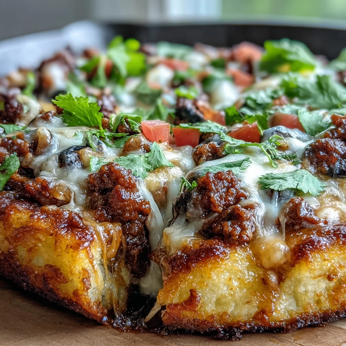 Cheesy cauliflower crust taco skillet with seasoned ground beef and melted cheddar cheese.