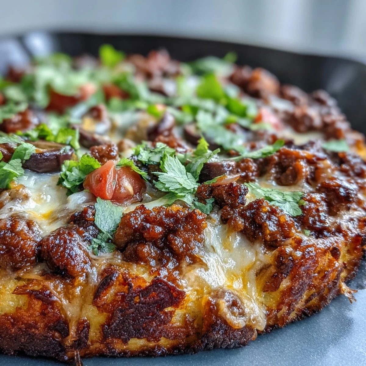 Low-carb keto taco skillet with golden cauliflower crust, taco-seasoned meat, and fresh toppings.