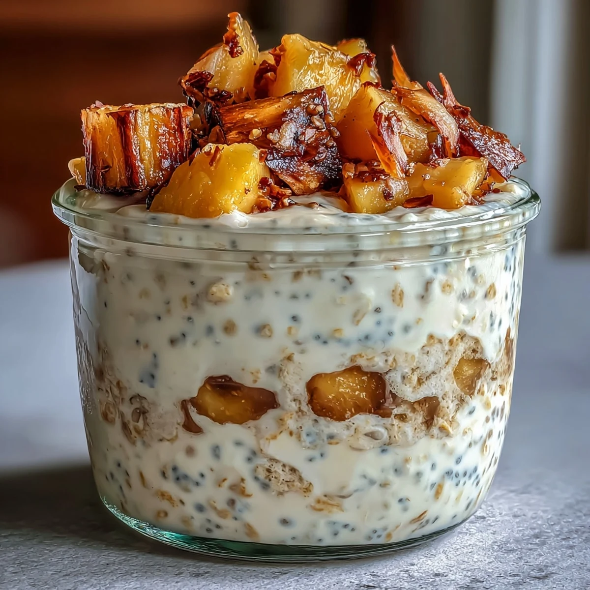 Tropical overnight oats featuring juicy mango, creamy coconut milk, and crunchy toasted coconut, served in a glass jar for a healthy vegan breakfast.