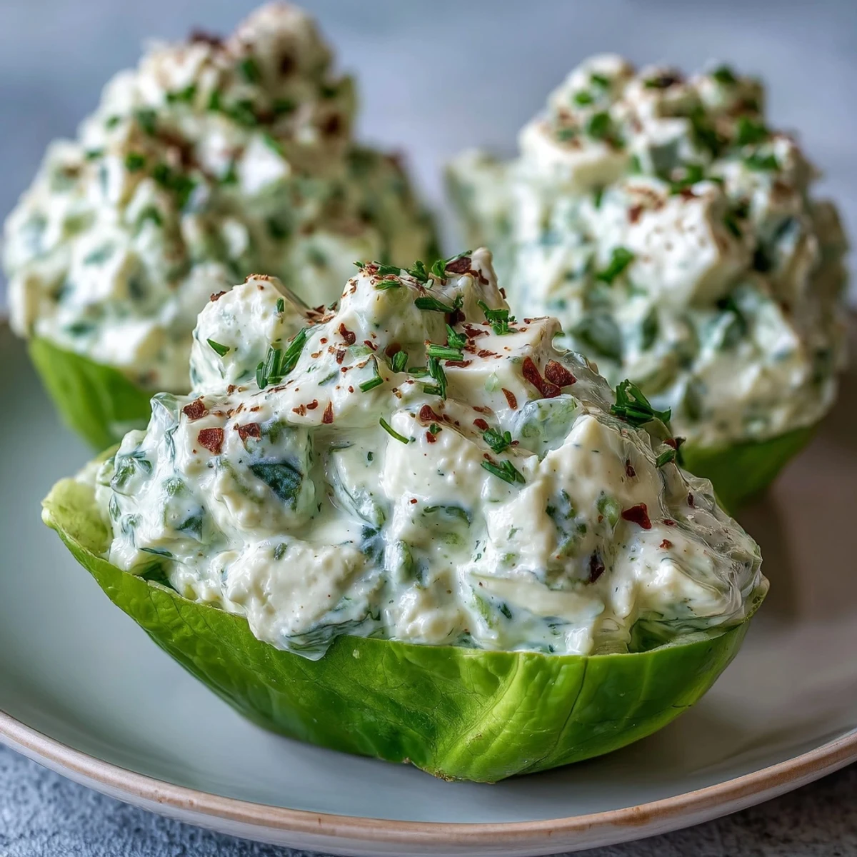 Creamy avocado and egg salad nestled in crisp lettuce leaves, topped with savory everything bagel seasoning for a fresh, keto-friendly meal.