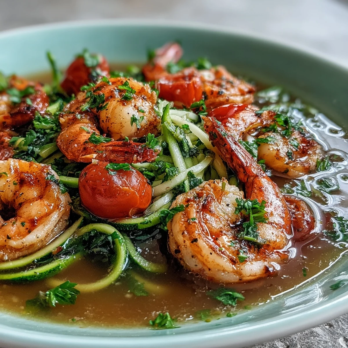 Bright and healthy 15-Minute Zucchini Noodle Shrimp Bowl with Lemon-Garlic Broth, featuring juicy shrimp and fresh zucchini in aromatic lemon-garlic broth.