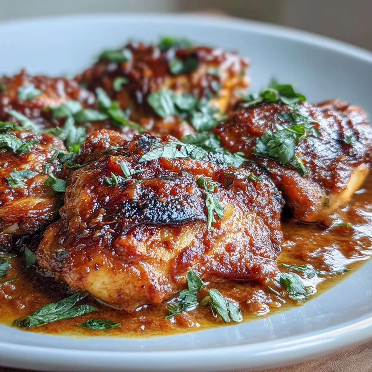 Oven-baked spicy chicken curry with juicy thighs in creamy coconut-tomato sauce, balanced heat, and fresh lime and herb garnish.