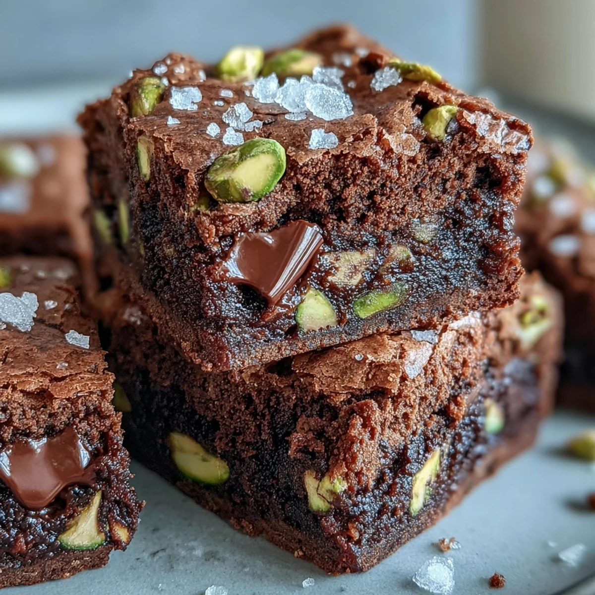 Dense chocolate cake infused with roasted pistachios and dark chocolate, baked to perfection and cut into indulgent squares for easy snacking.