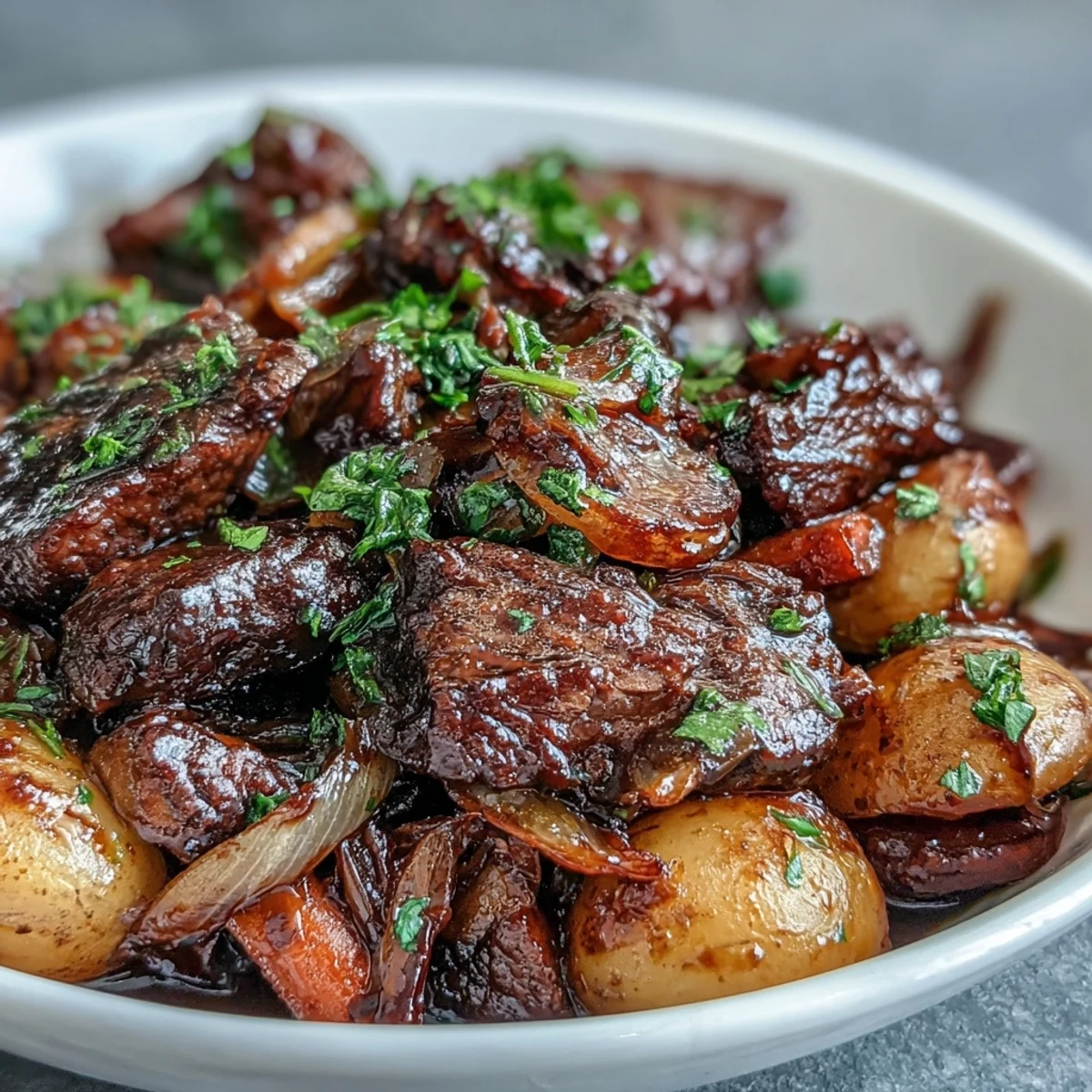 Savory Japanese Nikujaga featuring thinly sliced beef and waxy potatoes simmered in a sweet-savory dashi sauce.  