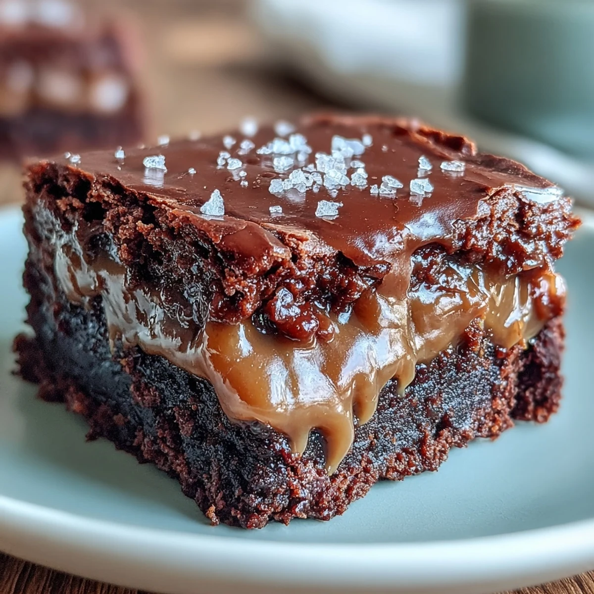 A rich, fudgy brownie slice topped with swirls of miso caramel, offering a perfect blend of sweet and salty indulgence.