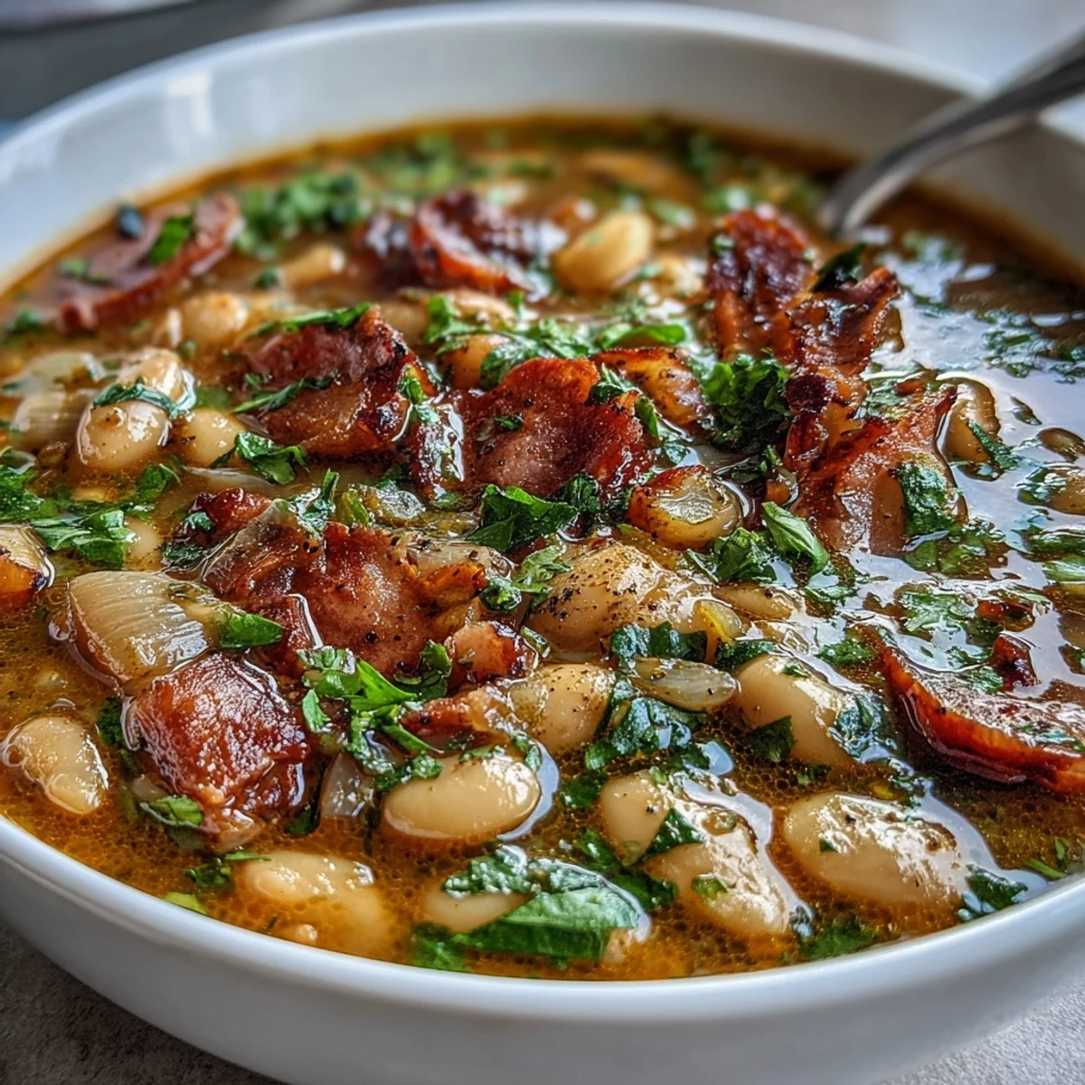A steaming bowl of ham and lima bean soup, filled with tender beans, diced ham, and colorful vegetables in a savory broth.