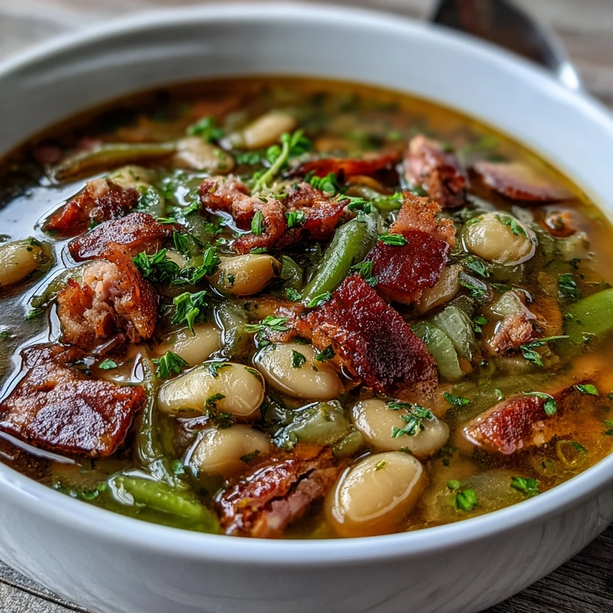Hearty ham and lima bean soup with chunks of smoked ham, creamy beans, and fresh parsley garnish served in a rustic bowl.