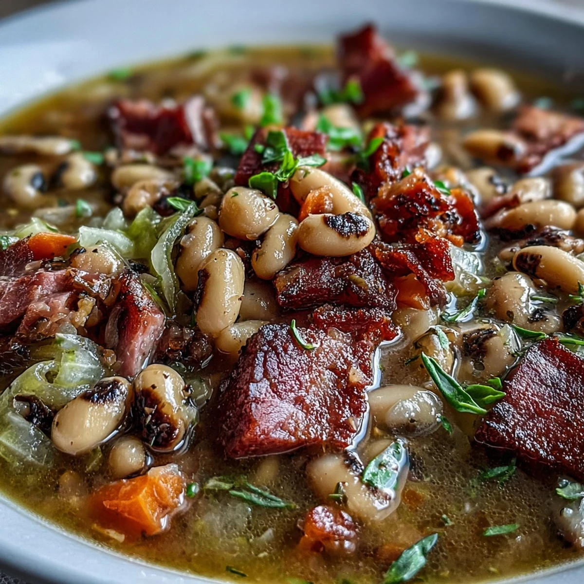 Hearty ham and black-eyed pea soup simmered with diced vegetables, diced tomatoes, and fragrant herbs, perfect for chilly evenings or New Year's traditions.