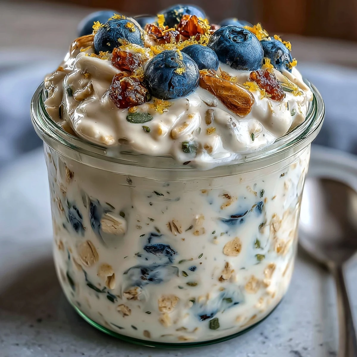 Overnight oats layered with juicy blueberries and bright lemon zest, a healthy and satisfying vegetarian breakfast option.