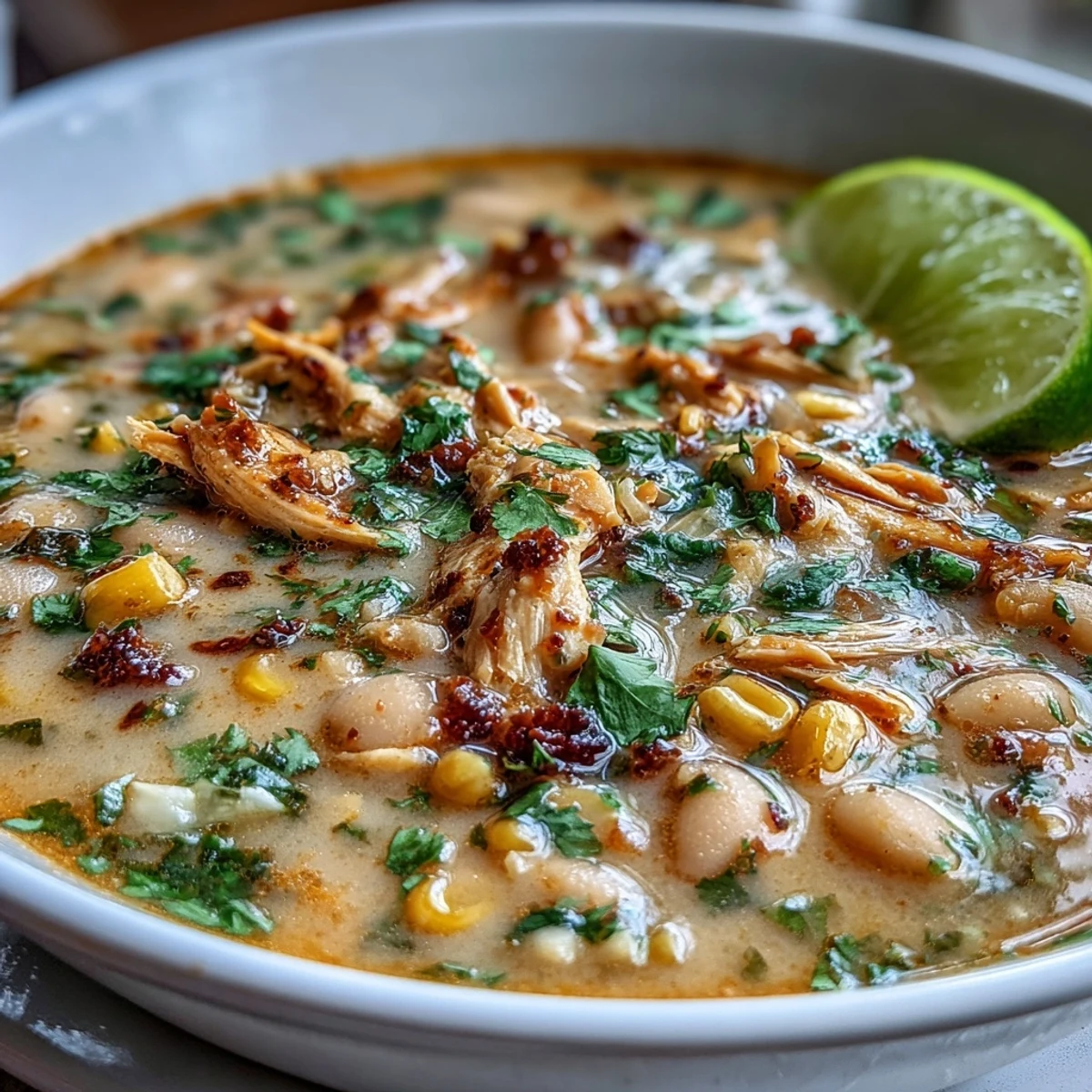 Creamy white bean chicken chili with shredded chicken, corn, and mild green chilies, served with a dollop of Greek yogurt.  