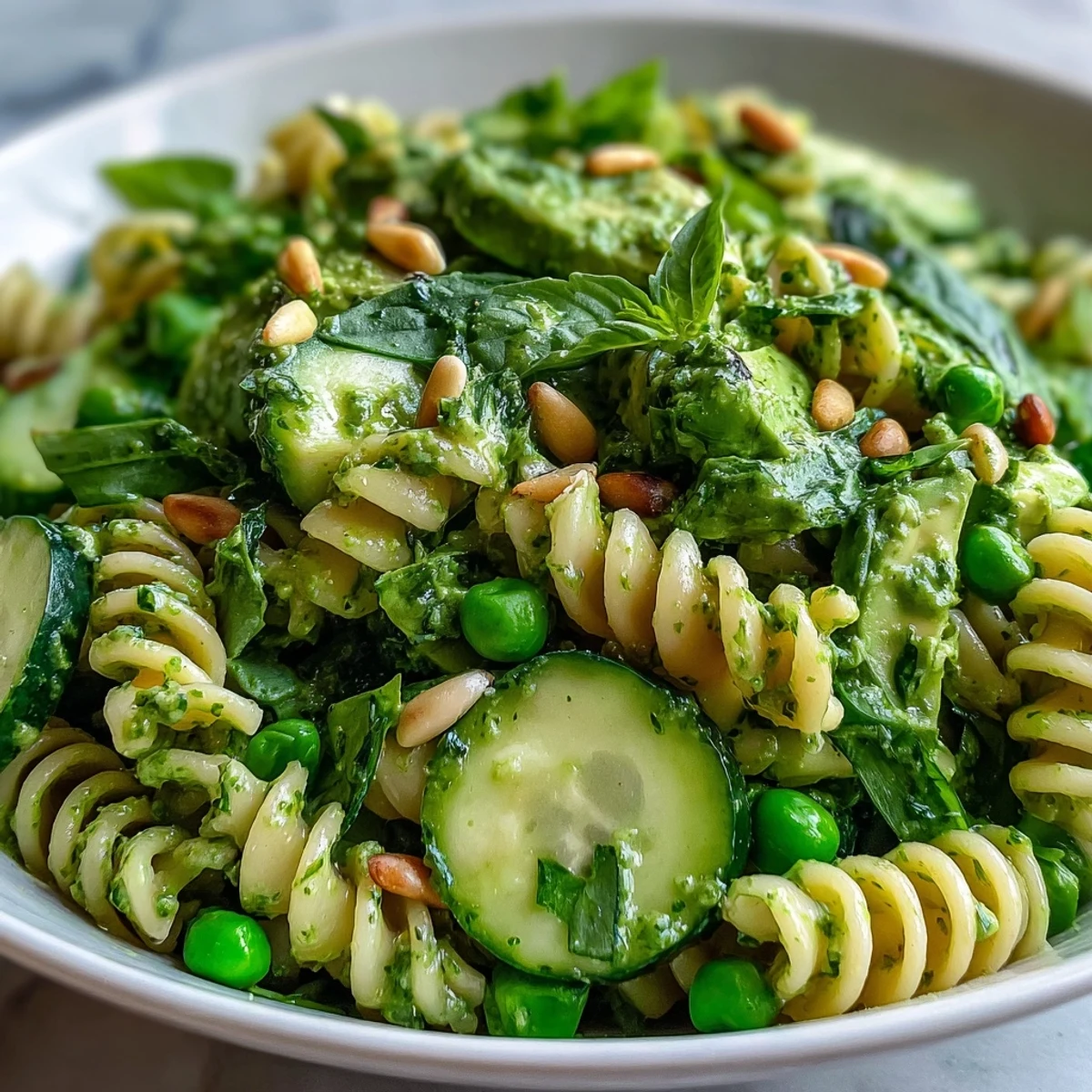 Creamy green goddess dressing coats al dente pasta, crunchy sugar snap peas, and tender spinach in this refreshing Spring Green Goddess Pasta Salad with Peas and Herbs, perfect for a light lunch.  