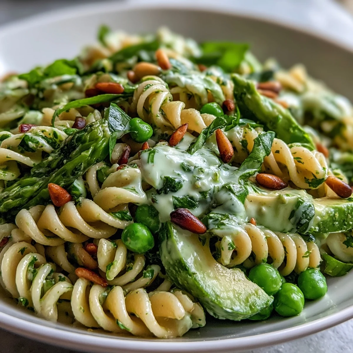 A colorful Spring Green Goddess Pasta Salad with Peas and Herbs, garnished with toasted pine nuts and fresh herbs, offers a burst of spring flavors and creamy texture in every bite.