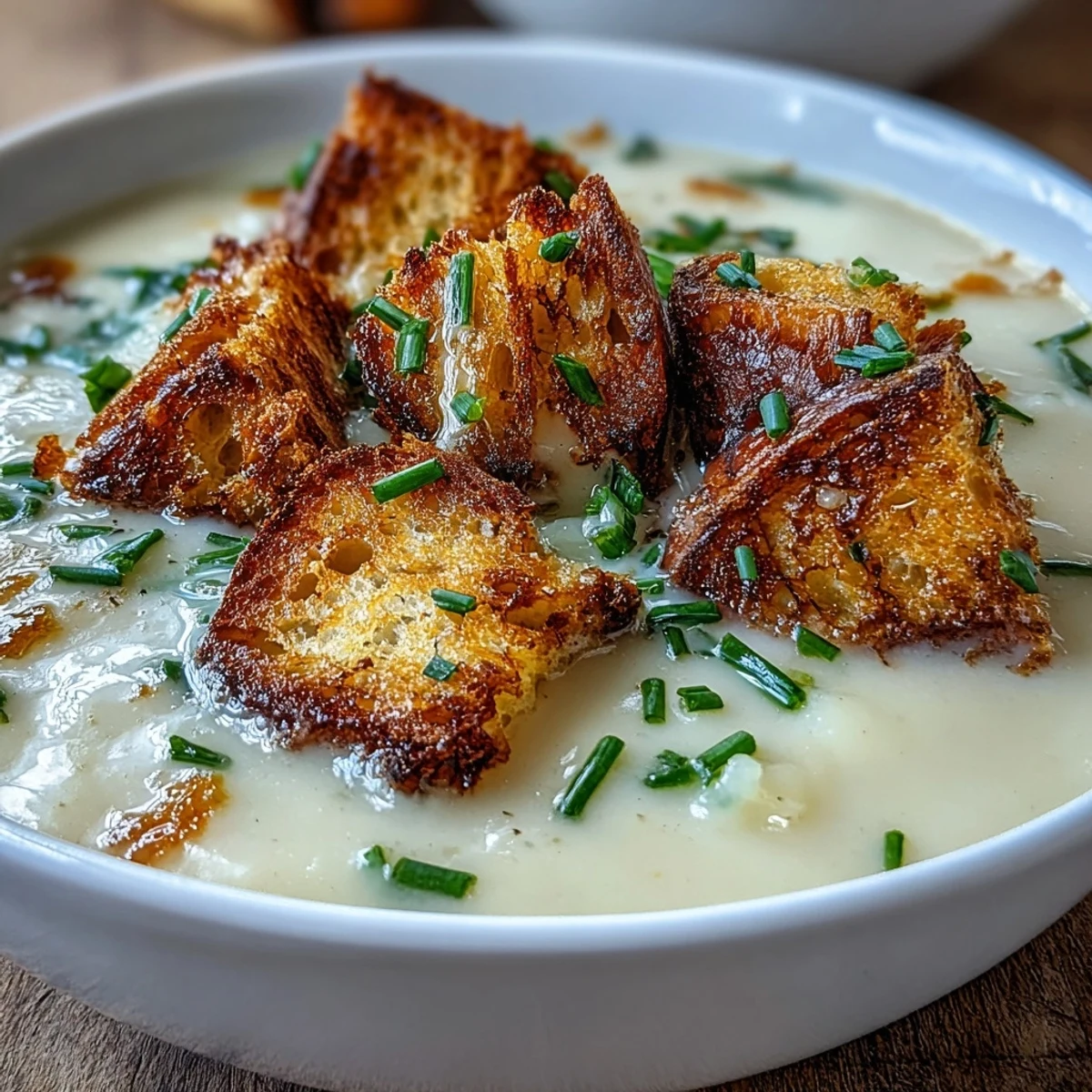 Velvety soup made with tender leeks and potatoes, topped with golden, herb-infused sourdough croutons for crunch.  
