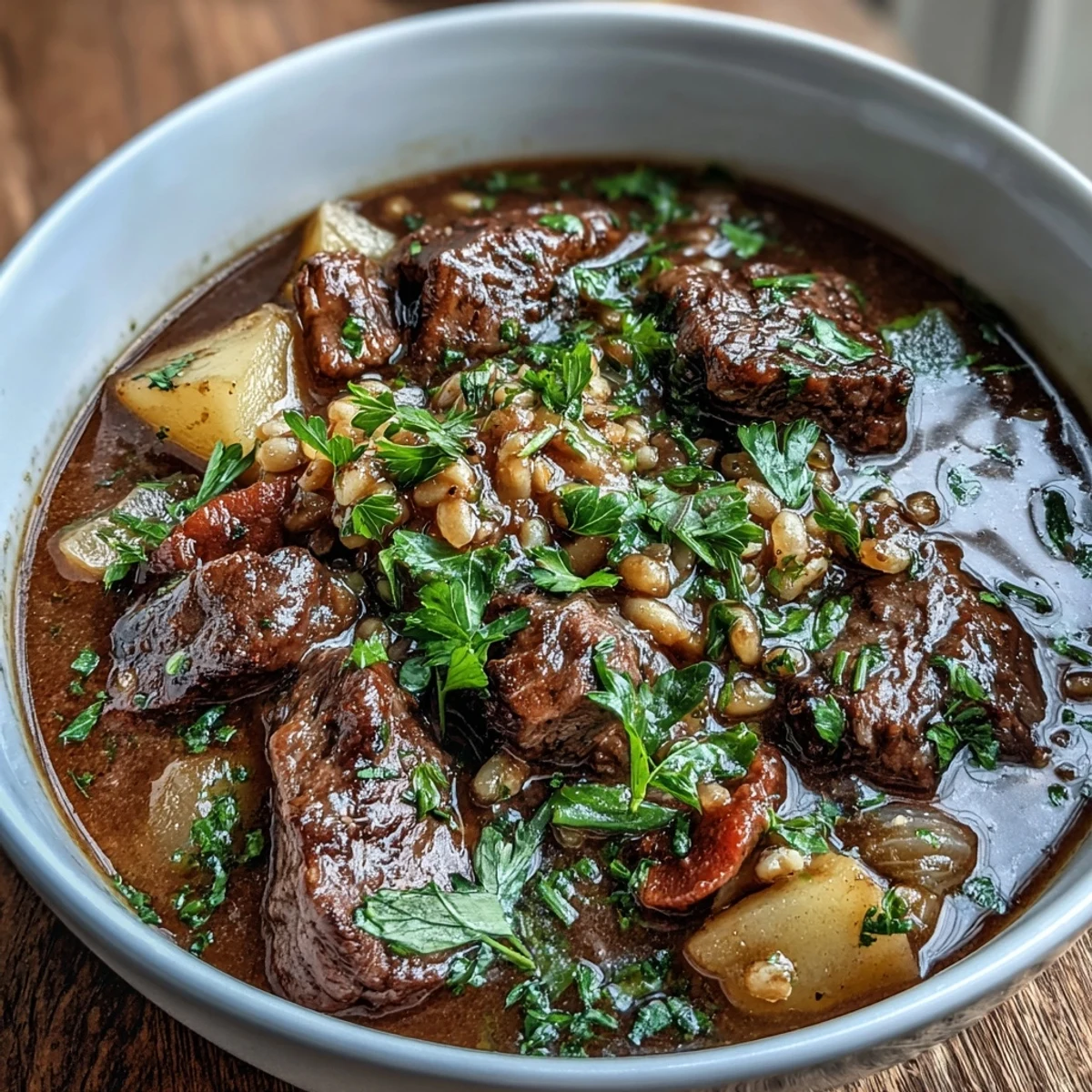 Comforting Irish-inspired beef and barley stew with parsnips, carrots, and potatoes in a deep, flavorful Guinness-infused gravy.  