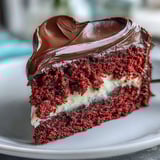 Slice of Red Betty Boop Heart Cake revealing soft layers and velvety cream cheese frosting on a marble slab. 