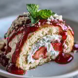 A close-up shows sliced Strawberry Shortcake Sushi Roll pieces with drizzled white chocolate and mint, perfect for an elegant party platter.