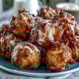 Golden dandelion fritters with crispy coating, served alongside a vibrant herb dipping sauce for a delightful appetizer.