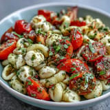 Fresh Caprese Pasta Salad showcasing creamy mozzarella and bright basil pesto.