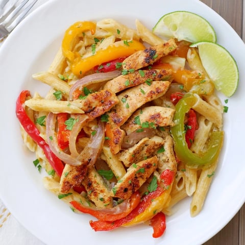Creamy Alfredo Chicken Fajita Pasta, a hearty blend of saucy pasta and colorful fajita veggies.