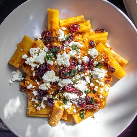 Golden, bubbly Cranberry-Sage Feta Pasta Bake, a savory baked pasta dish ready to serve.