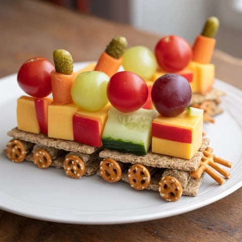 A colorful Choo Choo Train Snack Track features cheese cubes, veggies, and fruit arranged as edible train cars.