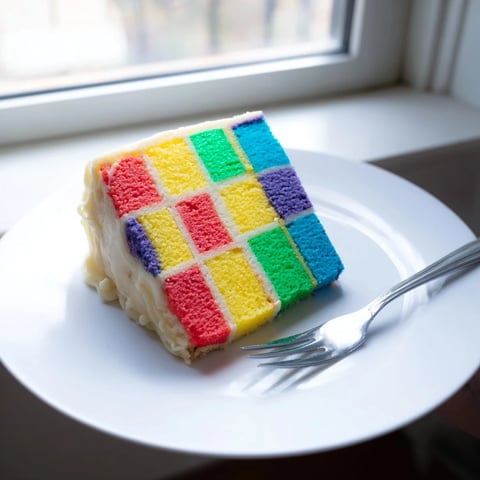 Vibrant squares of colored sponge cake form the patchwork design of this Cozy Quilt Cake.