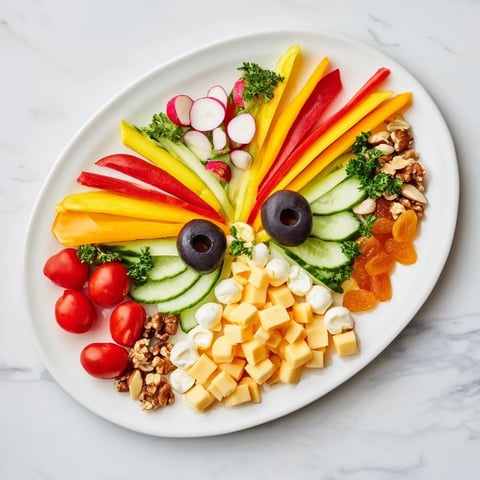 The Masquerade Mask appetizer platter: a vibrant, colorful display of fresh fruits, vegetables, cheeses, and olives.