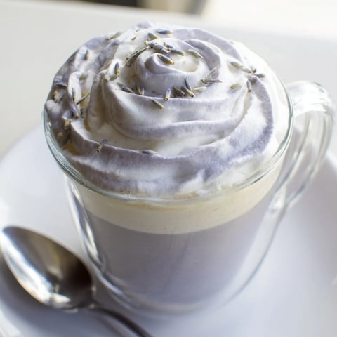 Steaming Whipped Lavender Latte topped with fluffy foam and a delicate lavender sprig, ready to enjoy.