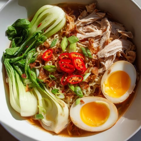 Steaming Thai Miso Ramen Bowl topped with vibrant bok choy, tender chicken, and soft eggs.
