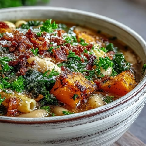 Fall Minestrone soup served hot in a rustic bowl, topped with fresh parsley and grated Parmesan cheese.