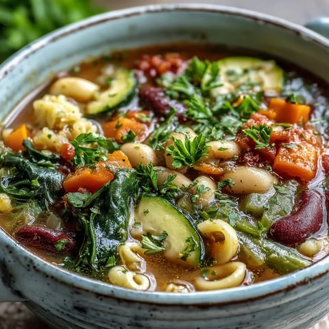 Homemade Minestrone Soup simmering in a pot, featuring diced carrots, celery, and onions in a rich tomato broth.