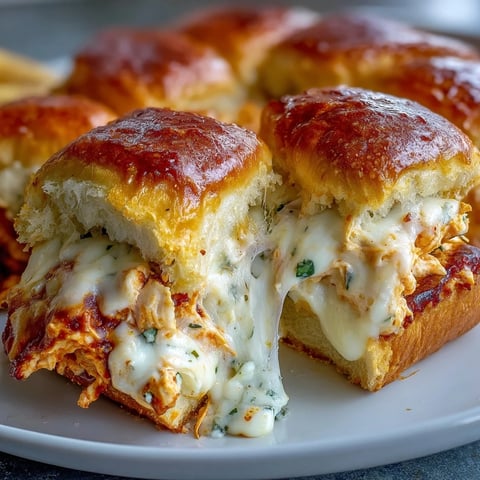 Golden-brown Pizza Dip Sliders fresh from the oven, overflowing with bubbly mozzarella and cheddar cheese on soft Hawaiian rolls.