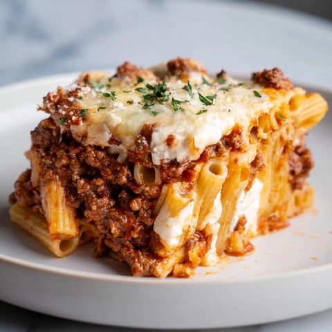 Baked Ziti with Meat Sauce: a bubbly, golden cheese crust over comforting layers of pasta and meat sauce.