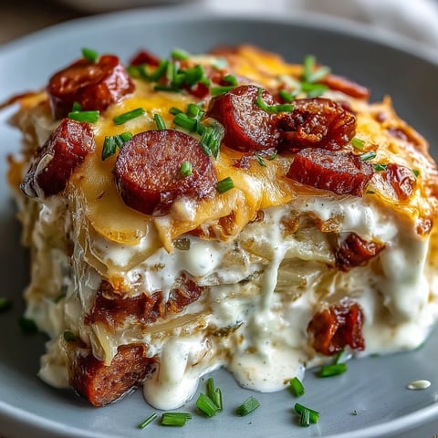 Golden brown Crockpot Pierogi Casserole with Kielbasa, topped with melted cheddar and fresh chives, served bubbling hot.