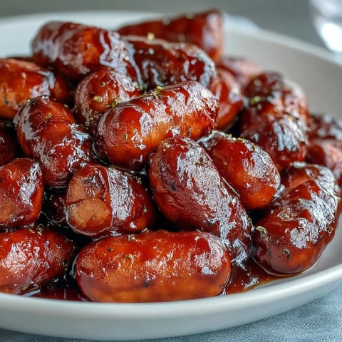 Golden Crock Pot BBQ Cocktail Sausages glisten in a sweet apricot barbecue glaze, served warm with toothpicks as an easy party appetizer.