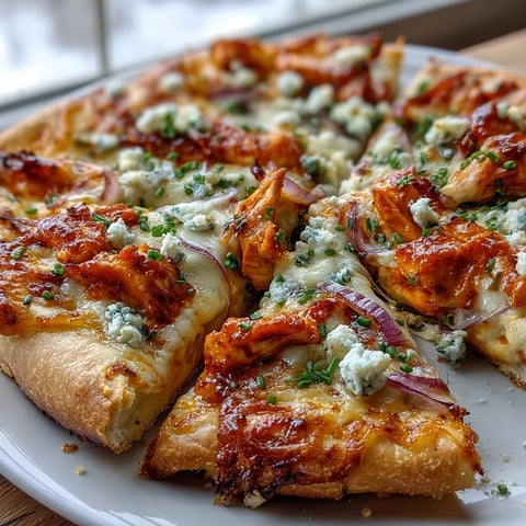Golden-brown Buffalo Chicken Pizza fresh from the oven, topped with melted mozzarella, crumbled blue cheese, red onion, and fresh chives.