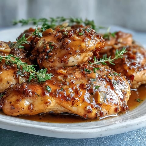 Tender Slow Cooker Honey Mustard Chicken breasts sit in a thick, glossy sauce, ready to be served over fluffy white rice.
