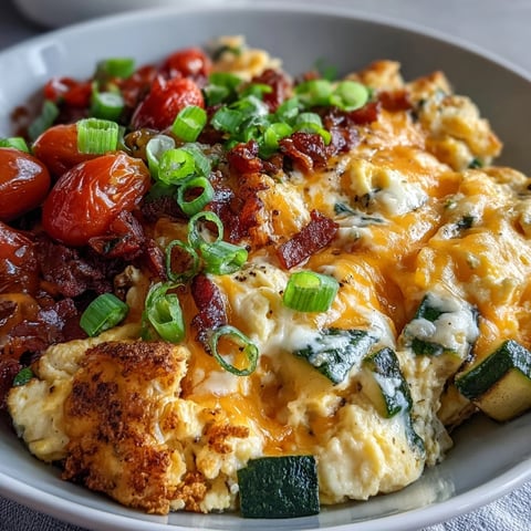 Fluffy scrambled eggs and melted cheddar cheese in a Scrambled Egg and Veggie Bowl with sautéed tomatoes and spinach.