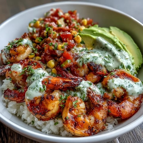 Close-up of smoky grilled shrimp layered over corn salsa, avocado slices, and drizzled with creamy garlic sauce in a bowl.