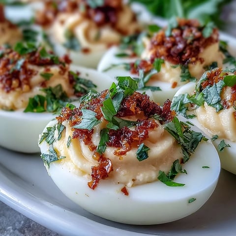Spicy Chili Garlic Deviled Eggs garnished with fresh cilantro, showcasing the creamy filling and sizzling chili crisp oil drizzle.