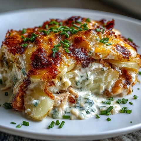 Steamy, golden-baked Creamy Ranch Chicken Potato casserole emerges from the oven with bubbling cheddar.